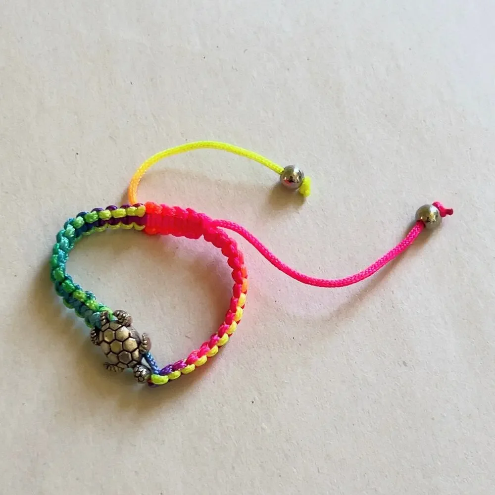 Turtle Neon Rainbow Adjustable Bracelet Silver Tone Charm Children's Handmade